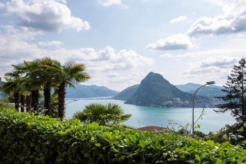 a view of a lake with palm trees and a mountain at Ruvigliana Amazing View - Happy Rentals in Lugano