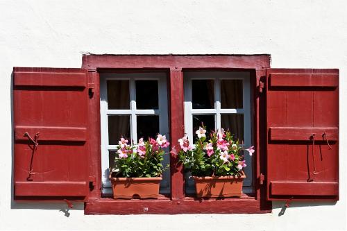 a red window with two potted flowers on it at Hôtel Ithurria - Teritoria in Aïnhoa