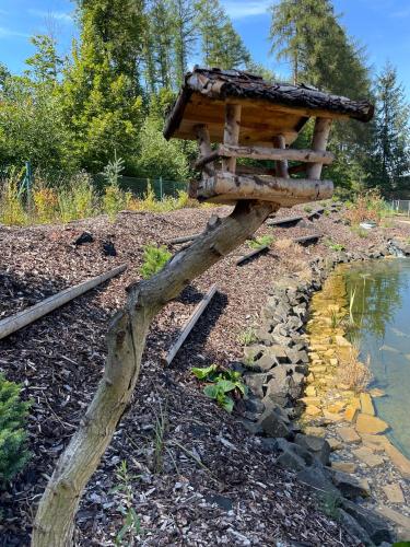 a wooden structure on the ground next to a body of water at Vila Máchovka in Nová Paka