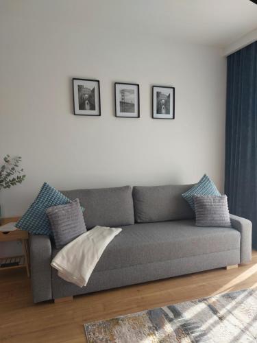 a gray couch in a living room with pictures on the wall at La Casa in Piotrków Trybunalski