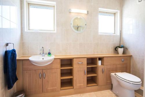 a bathroom with a sink and a toilet and a mirror at The Landings 18, Waters Reach - P in South Cerney