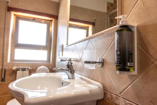 a bathroom with a sink and a bottle of wine on the wall at Hotel Dei Pini in Fiuggi