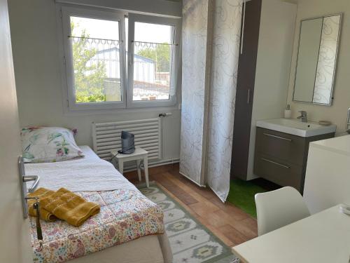 - une petite chambre avec un lit et un lavabo dans l'établissement Annette's Home, à Mazingarbe