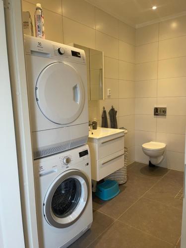 y baño con lavadora y lavamanos. en Gröna Huset, en Torsby
