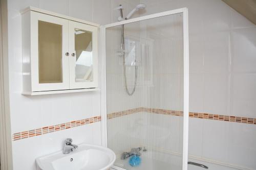 a white bathroom with a shower and a sink at Beautiful stone cottage with sea views in Sneem