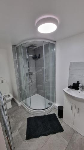 a bathroom with a shower and a toilet and a sink at Comfy Studio apartment with Wi-Fi and Smart TV in Leeds
