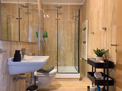 a bathroom with a sink and a toilet and a shower at Laugavegur Penthouse in Reykjavík