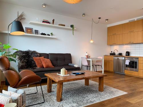 - un salon avec un canapé et une table dans l'établissement Laugavegur Penthouse, à Reykjavik