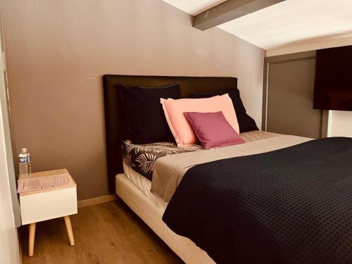 a bedroom with a bed with pink and black pillows at Loption in Carbonne