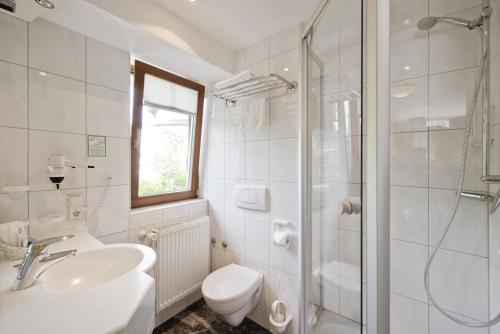 a bathroom with a toilet and a sink and a shower at Hotel Bären in Rottweil