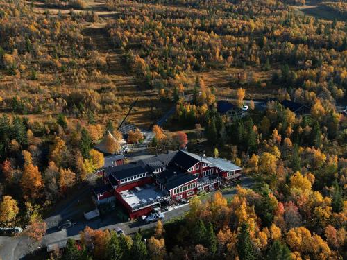 an aerial view of a house in a forest at Buustamons Fjällgård in Åre