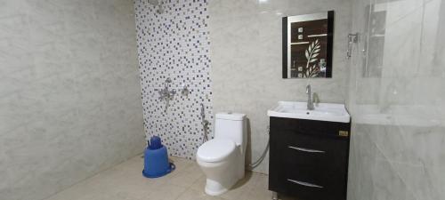 Un baño blanco con inodoro y lavabo. en Coral Garden Resort, en Neil Island