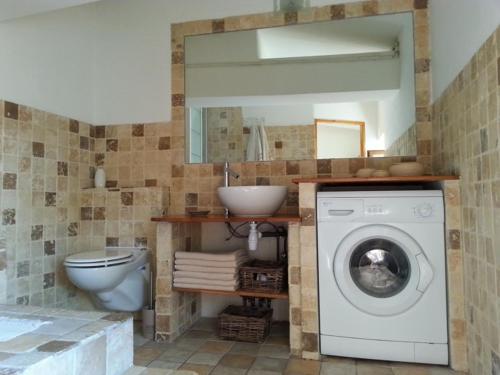 a bathroom with a washing machine and a sink at Location saisonnière dans le cœur historique – T3 pour 4 à 6 personnes in La Ciotat