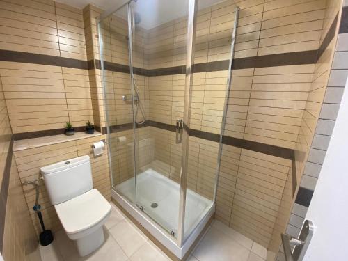 een badkamer met een toilet en een douche bij Apartaments Puigcardener BX in Manresa