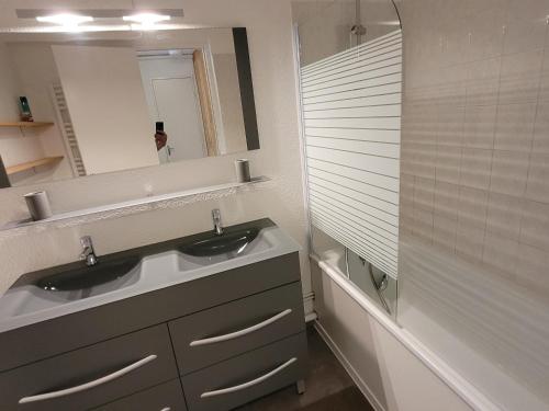 une salle de bain avec un lavabo et un miroir dans l'établissement Le Yéti - Station de ski à pied au Corbier, à Villarembert