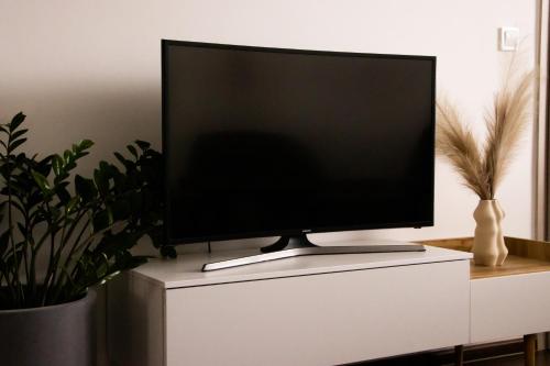 a flat screen tv sitting on top of a white cabinet at Spacious apartment near the city centre in Bratislava