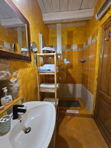 ein Bad mit einem Waschbecken und einer Dusche mit einem Spiegel in der Unterkunft Old Stone Barn in Gabonjin