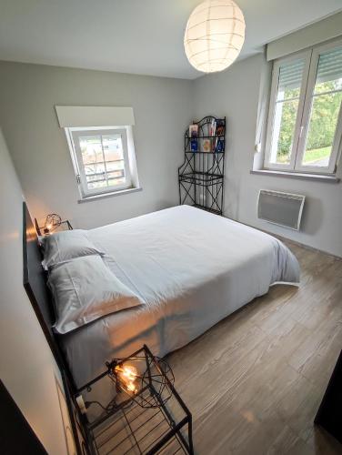 une chambre avec un lit et deux fenêtres dans l'établissement LA HALTE 19, à Ban-sur-Meurthe-Clefcy