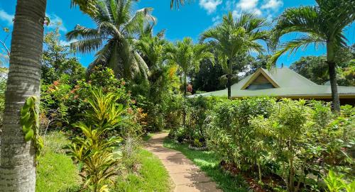 a path leading to a house with palm trees at Cocotier du Rocher in La Digue