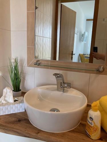 a bathroom with a white sink and a mirror at Gästehaus zum See in Illmitz