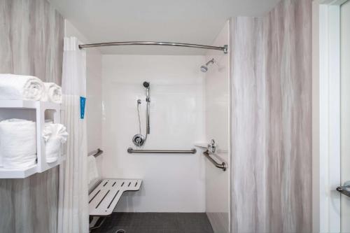 a bathroom with a shower with a shower curtain at Hampton Inn & Suites Amelia Island-Historic Harbor Front in Fernandina Beach