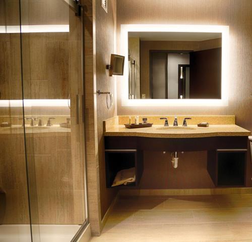 ein Bad mit einem Waschbecken, einem Spiegel und einer Dusche in der Unterkunft DoubleTree by Hilton Lawrenceburg in Lawrenceburg