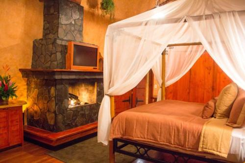 a bedroom with a bed with a fireplace and a television at Peace Lodge in Vara Blanca
