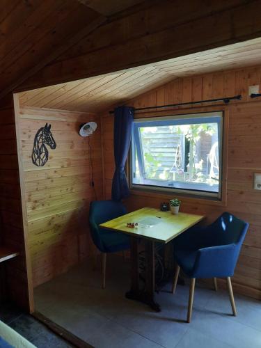 WapenveldにあるB&B Paardenhofのテーブルと椅子2脚、窓が備わる小さな客室です。