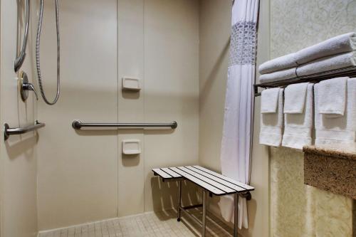 a bathroom with a shower with a bench and towels at Hampton Inn & Suites Spartanburg-I-26-Westgate Mall in Spartanburg