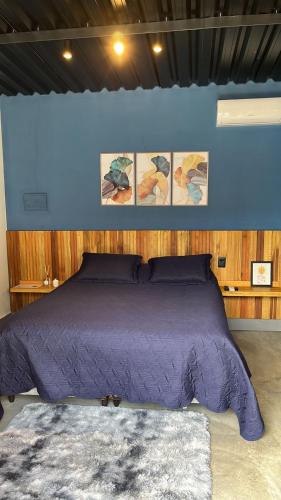 Dormitorio con cama morada y pared azul en CHALÉS SÃO ROQUE en São Roque