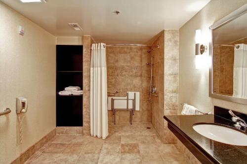 a bathroom with a sink and a shower at DoubleTree by Hilton Pleasanton at The Club in Pleasanton