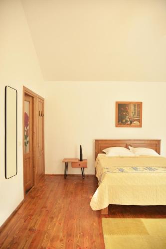 a bedroom with a bed and a wooden floor at Pension Andra's House in Horezu