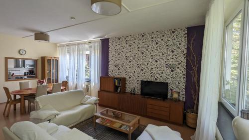 a living room with a couch and a tv at Pension am Park in Pforzheim