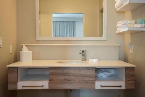 a bathroom with a sink and a mirror at Hampton Inn & Suites by Hilton Thunder Bay in Thunder Bay