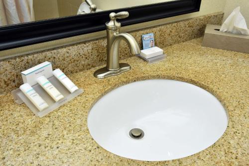 zlew w łazience ze srebrnym kranem w obiekcie Hilton Garden Inn Atlanta/Peachtree City w mieście Peachtree City