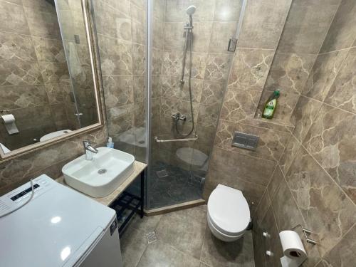 a bathroom with a shower and a toilet and a sink at Royal Plaza Apartment -10A in Tbilisi City