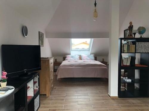 Schlafzimmer mit einem Bett und einem Flachbild-TV in der Unterkunft Ferien in Potsdam in Potsdam