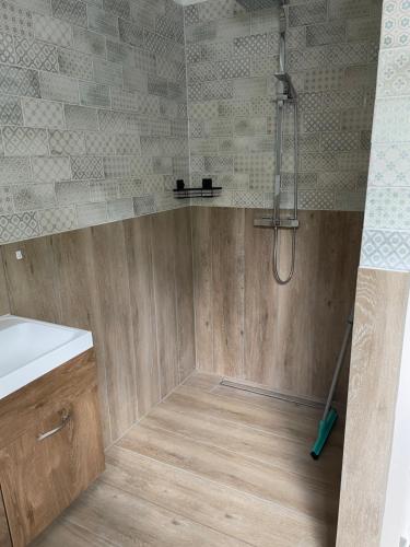uma casa de banho com um chuveiro e um lavatório. em Tante roosje em Enkhuizen