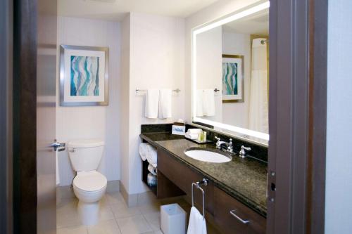 a bathroom with a toilet and a sink and a mirror at Hilton Minneapolis Bloomington in Bloomington