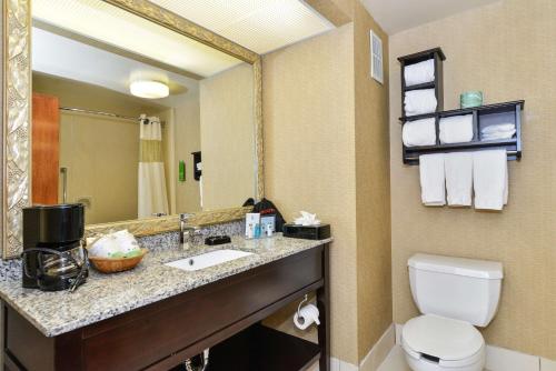 a bathroom with a toilet and a sink and a mirror at Hampton Inn Petersburg-Fort Lee in Petersburg