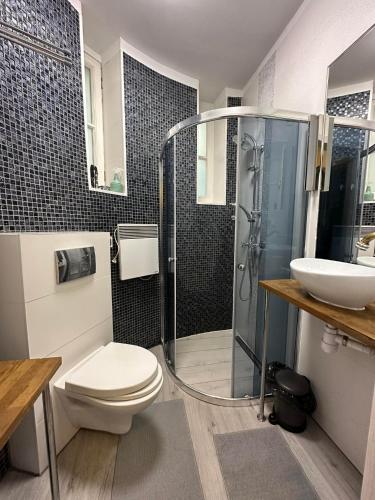 y baño con ducha, aseo y lavamanos. en City Centre Apartment Wielopole en Cracovia