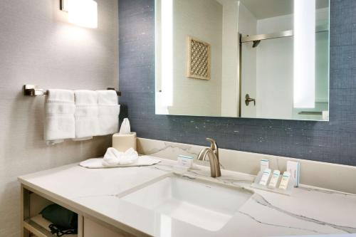 La salle de bains est pourvue d'un lavabo et d'un miroir. dans l'établissement Hilton Garden Inn Idaho Falls, à Idaho Falls