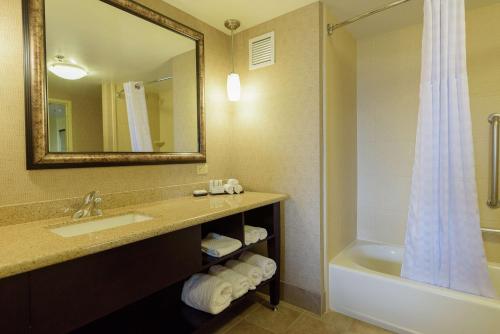 a bathroom with a sink and a tub and a mirror at Embassy Suites by Hilton Minneapolis North in Brooklyn Center