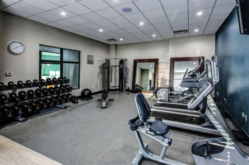 a gym with treadmills and machines in a room at Hilton Garden Inn Topeka in Topeka