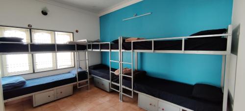 a room with three bunk beds and a blue wall at Tusker Tribe in Mysore
