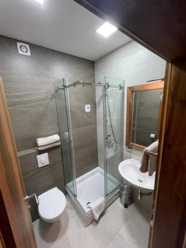 a bathroom with a shower and a toilet and a sink at B&B Noce Zagreb in Zagreb