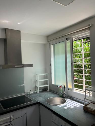a kitchen with a sink and a window at Apartamento Buganvilla in Muntanya la Sella