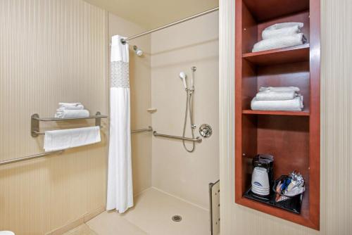 y baño con ducha y cortina de ducha. en Hampton Inn & Suites Arcata, en Arcata