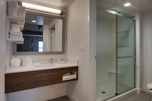 bagno con lavandino e doccia in vetro di Hampton Inn & Suites Chicago/Aurora ad Aurora