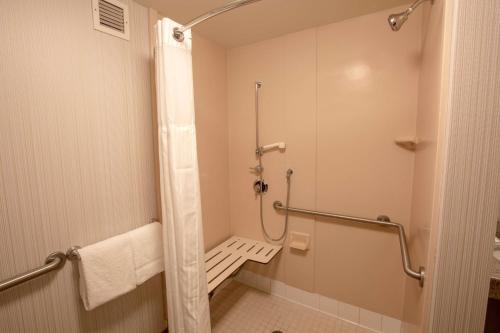 a small bathroom with a shower and a toilet at Hilton Garden Inn State College in State College